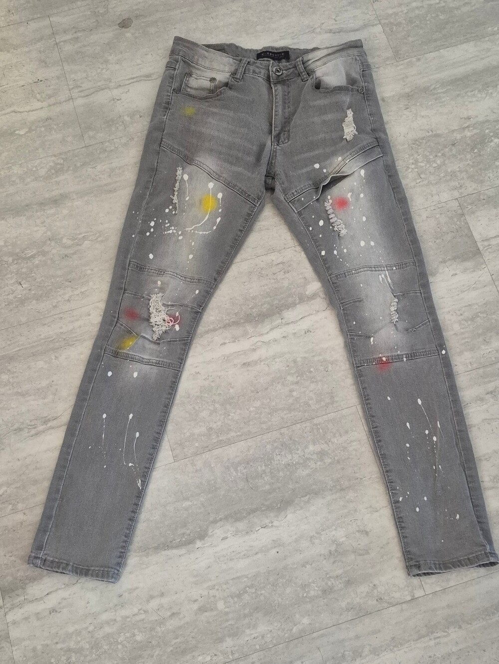 M Society Politically Incorrect Jeans Mens 30x30 Gray Distressed Paint Splatter
